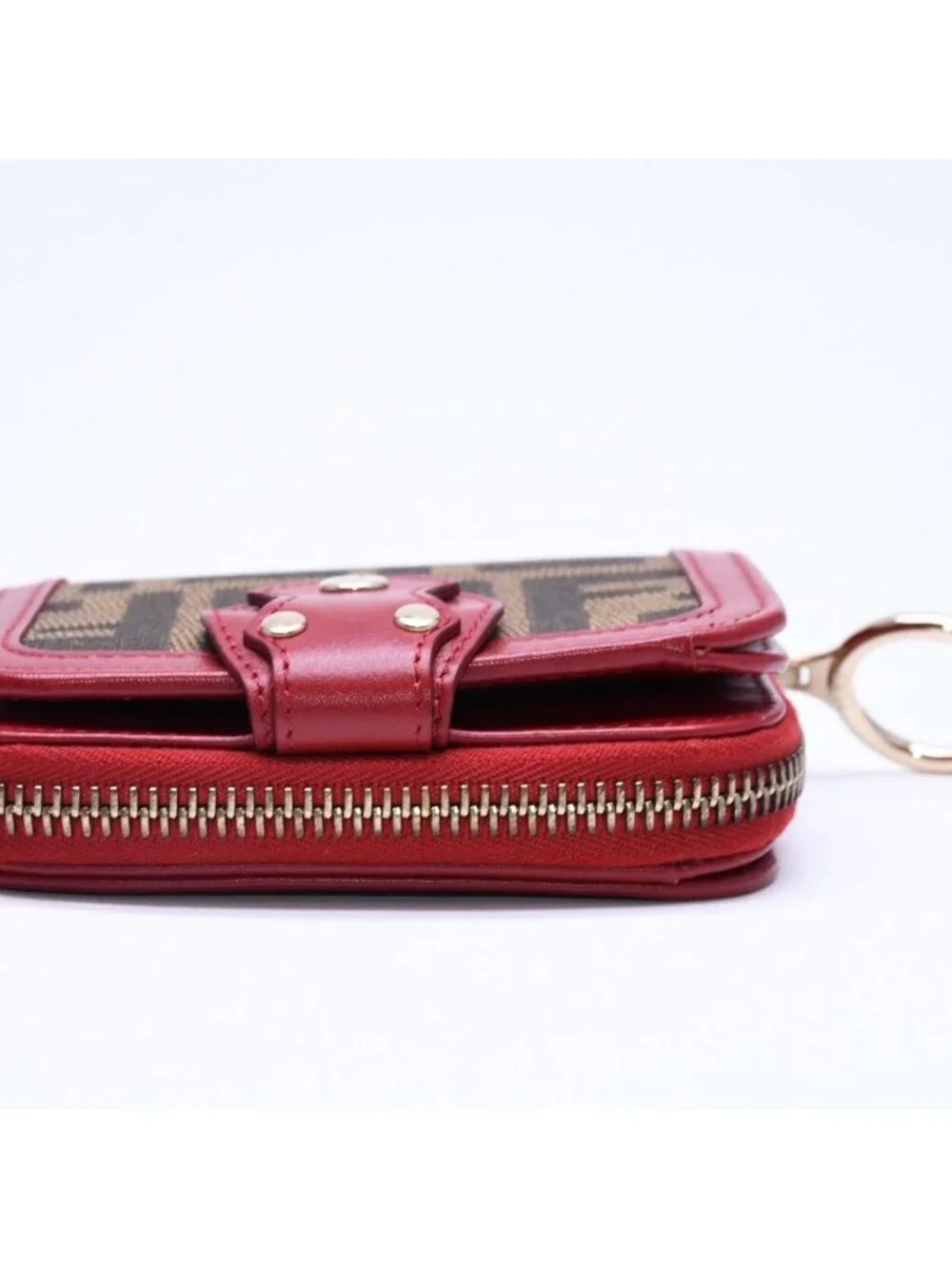 Fendi Compact Wallet Bifold Zucca Pattern Canvas Leather Brown Red Gold
